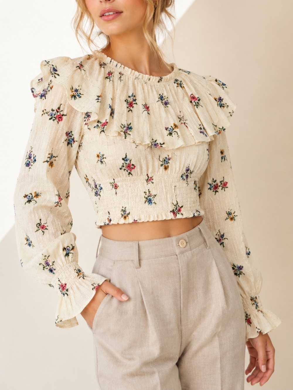 ZARA LIKE NEW Floral Metallic Lurex Ruffle Smocked Cropped Blouse Ivory Sz Large - Picture 1 of 7